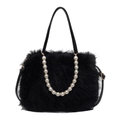 Chic black plush shoulder bag featuring a decorative faux pearl chain and leather straps - Black