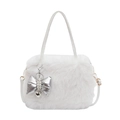 Chic white faux fur crossbody handbag featuring a silver metallic bow and pearl charm - Off-white