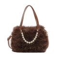 Brown faux fur crossbody bag with luxury pearl chain handle and leather straps - Coffee