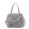 Gray faux fur crossbody bag with soft plush texture and elegant pearl chain detail - Gray