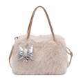 Beige plush crossbody handbag with soft faux fur and elegant pearl bow charm - Khaki