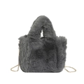 Dark grey faux fur handbag with plush texture and elegant gold chain strap detail - Gray