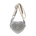 Sac bandoulière argenté en forme de cœur avec strass brillants et sangle brodée - Argenté