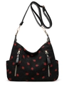 Borsa hobo nera in velluto a coste con stampa fragola e tracolla regolabile - Nero
