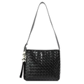 Minimalist black woven PU leather shoulder bag featuring a pearl and heart charm - Black