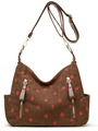 Borsa hobo in velluto a coste marrone con stampa fragola e tracolla regolabile - Marrone