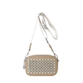 Beige PU shoulder bag with silver studs and geometric woven strap in a crossbody style - Khaki