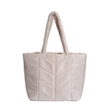 Fashionable beige puffer tote bag in nylon with chevron quilting for women - White