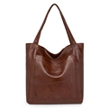 Minimalist dark brown PU leather tote bag with stylish geometric stitching and twin handles - Brown