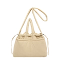 Minimalist beige quilted shoulder bag with drawstring closure and two front pockets - Khaki