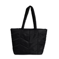 Fashionable black quilted nylon tote bag with herringbone stitching and padded handles - Black