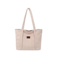 Minimalist beige canvas tote bag with brown leather logo patch for daily commuting use - Off White