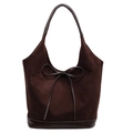 Elegant dark brown faux suede tote bag with leather bow and detailed white stitching - Large / Brown