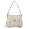 Retro cream beige PU leather crossbody bag with buckle straps and metal eyelets - Off White