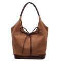 Chic autumn brown faux suede shoulder bag with elegant leather bow and top handle - Large / Brown