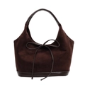 Dark coffee suede shoulder bag with leather bow and contrast stitching finish - Small / Brown