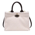 Borsa tote in pile beige con manici in pelle marrone scuro e dettagli dorati - Bianco