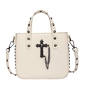Bolso punk de cuero PU blanco con cruz gótica negra y detalles de cadena metálica - Blanco