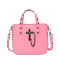 Bolso rosa de piel sintética con cruz gótica, cadena y tachuelas plateadas oscuras - Rosa