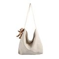 Borsa tote minimalista in tela beige con ciondolo a cucciolo di peluche marrone e tracolla - Bianco