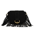Borsa a sella nera in PU opaco con lunghe frange e fibbia in metallo dorato a forma di corno - Nero