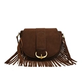 Borsa a tracolla marrone scuro in scamosciato PU con lunghe frange e fibbia d'oro - Marrone