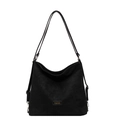 Borsa a spalla minimalista in ecopelle nera opaca con etichetta fashion su sfondo bianco - Nero