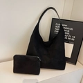 Sac à bandoulière hobo rétro en daim noir avec petite pochette assortie - Noir