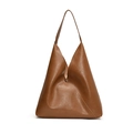 Brown faux leather hobo shoulder bag with glossy finish and minimalist buckle - Dark Brown
