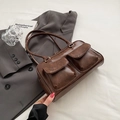 Sac à main carré marron foncé rétro en cuir vieilli avec poches à rabat avant - Café Rétro