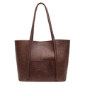 Retro dark brown large capacity PU leather tote bag with exterior pocket and long straps - Brown