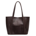 Classic dark brown PU leather tote bag with vintage texture and large front pocket - Brown