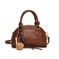 Brown PU leather crossbody bag with top handles and a unique baseball charm accessory - Brown