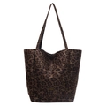 Fashionable autumn leopard print velvet tote bag with shoulder strap and metal logo - Coffee Large Leopard Print