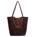 Large leopard print plush tote bag for women featuring a gold metallic logo and dual straps - Brown Large Leopard Print