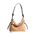 Schicke herbstliche Wildleder-Schultertasche in Camel mit schwarzen Knoten-Trägern - Khaki