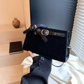 Retro black matte crossbody bag with adjustable wide strap and decorative buckle - Black