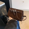 Vintage dark brown frosted shoulder bag with buckle detail in a minimalist boxy style - Coffee