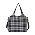 Large capacity black and white checkered tote bag with adjustable shoulder strap and gold hooks - White Lattice