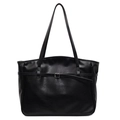 Minimalist black PU leather tote bag with silver buckle strap and textured finish - Solid Black