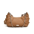 Fashionable brown croissant shoulder bag with silver chain strap and lychee pattern leather - Brown