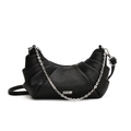 Chic black pleated dumpling bag with silver chain and leather strap on white background - Black