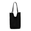 Minimalist black large capacity canvas tote bag with leather trim and long shoulder straps - Black