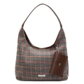 Grand sac cabas en laine pied-de-poule avec bandoulière cuir et petit porte-monnaie - Blanc