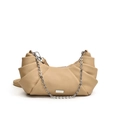 Chic beige lychee leather dumpling bag with silver chain and pleated design details - Khaki