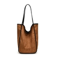 Minimalist dark brown suede tote bag with black leather straps and piping trim - Brown