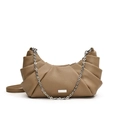 Brown faux leather croissant crossbody bag with pleated design and silver chain strap - Elephant Gray
