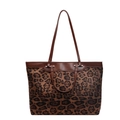 Bolso tote de moda con estampado de leopardo, asas de cuero marrón y hebillas plata - Marrón