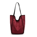 Minimalist burgundy suede tote bag with black leather trim and dual long shoulder straps - Rose Purple