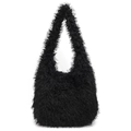 Bolso tote de piel sintética negra con textura de felpa minimalista y asa suave - Negro